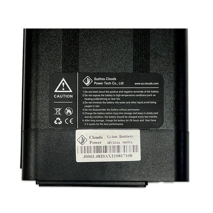 48V 21AH Silverfish battery, rectangular silver casing with black end caps, side view on white background