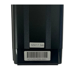 52V 17.5AH Silverfish battery, rectangular silver casing with black end caps, side view showing battery terminals and handle
