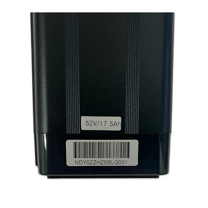 52V 17.5AH Silverfish battery, rectangular silver casing with black end caps, side view showing battery terminals and handle