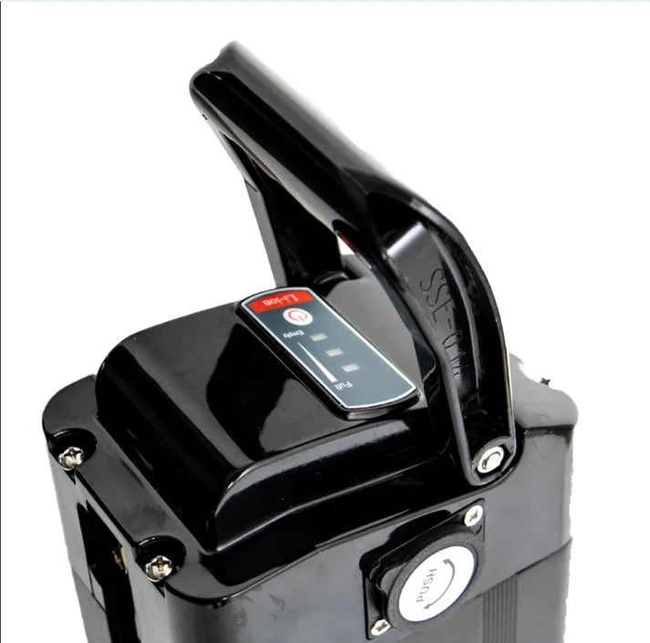 52V 21AH Silverfish battery, rectangular silver casing with black end caps, side view on a white background