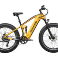 Black and yellow Mokwheel Obsidian 2.0 Step Over eBike, side view, against a plain background