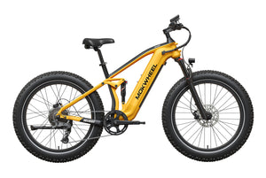 Black and yellow Mokwheel Obsidian 2.0 Step Over eBike, side view, against a plain background