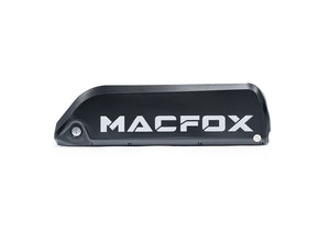 Macfox X7 and X7L eBike dual battery upgrade kit components displayed on a white background, including two batteries, wiring, and mounting hardware.