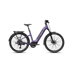 Aventon Level 4 ADV Step-Thru electric bike in Haze color, side view, showcasing frame design, integrated battery, and upright handlebars.