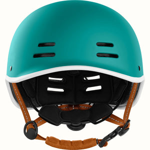 Matte Capri blue Retrospec Remi eBike helmet, side view, with adjustable straps and ventilation holes