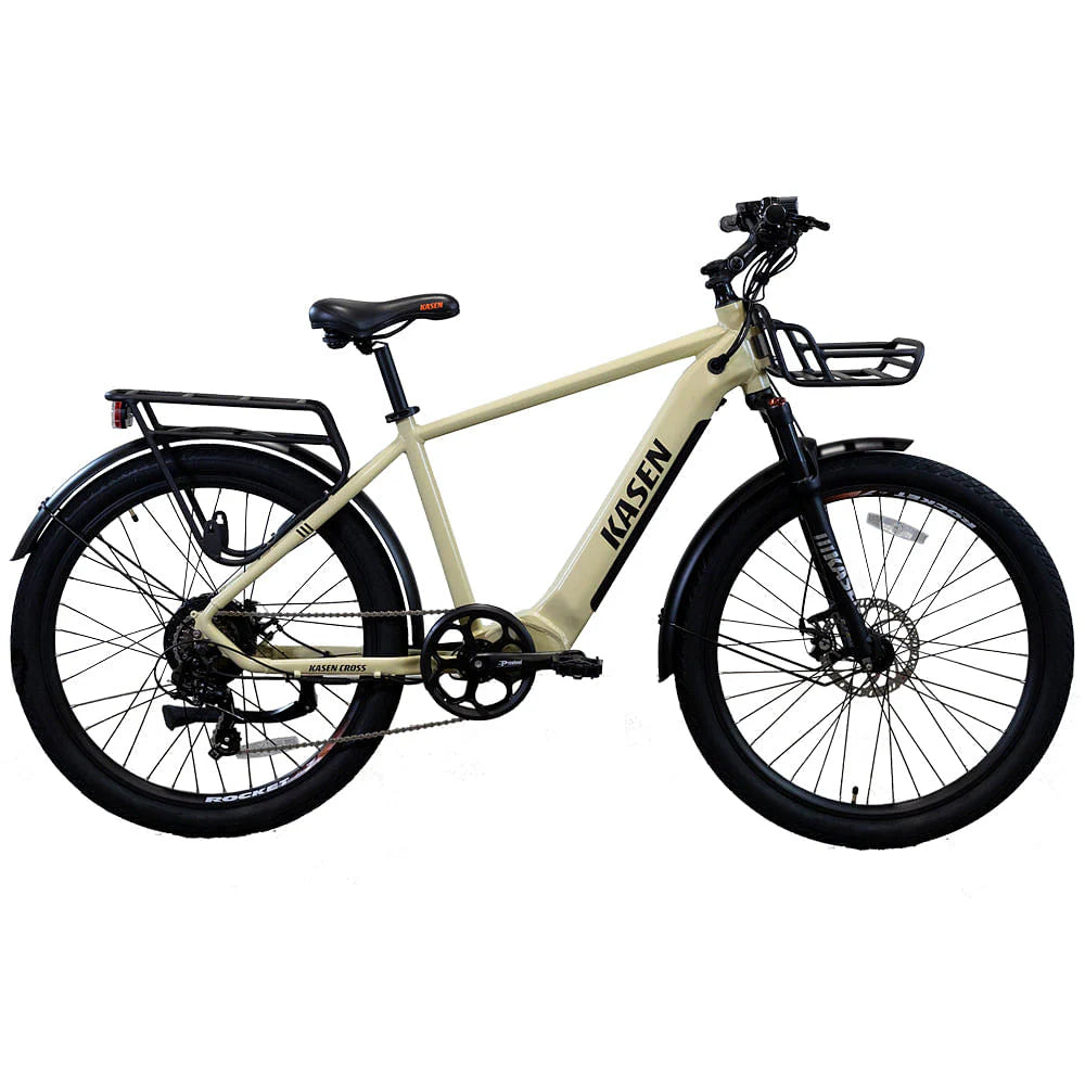 Sand-colored KASEN Cross 500W Step Over eBike with 27.5x2.4 urban tires, designed for city commuting.