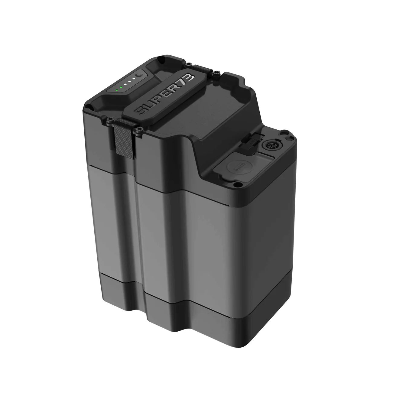 Super73 MZFT eBike battery, black rectangular battery pack with connector ports, displayed on a white background
