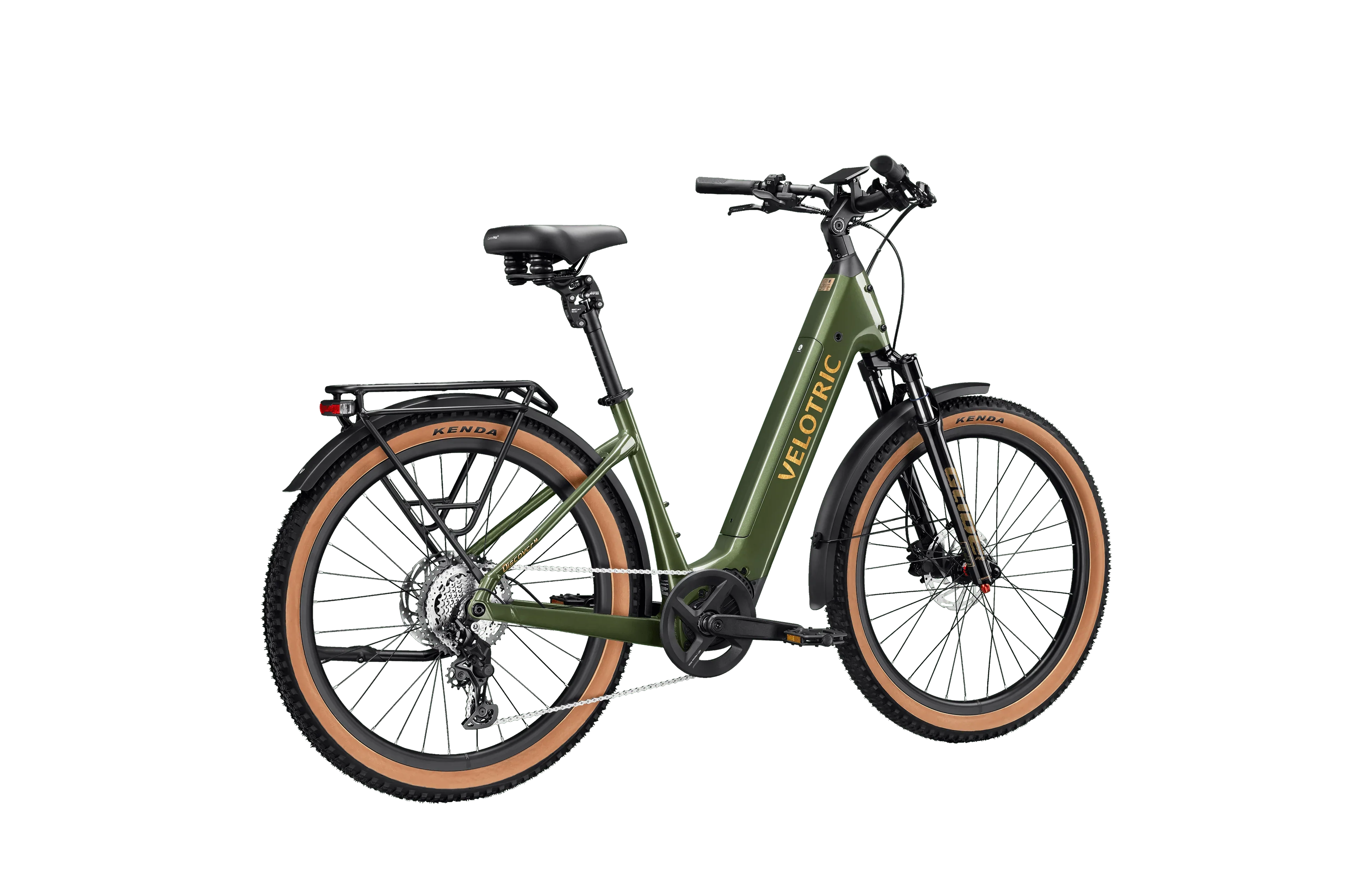 Side view of the Velotric Discover M eBike in a studio setting, showcasing its step-through frame, battery placement, and rear cargo rack.