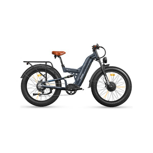 Freesky Warrior Ultra M-530 electric bike in blue-gray color, side view, showcasing its sturdy frame, fat tires, and front suspension.