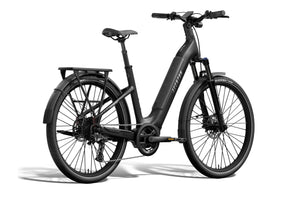 Aventon Level 4 ADV Step-Thru electric bike in matte black, side view, showcasing frame design and integrated battery