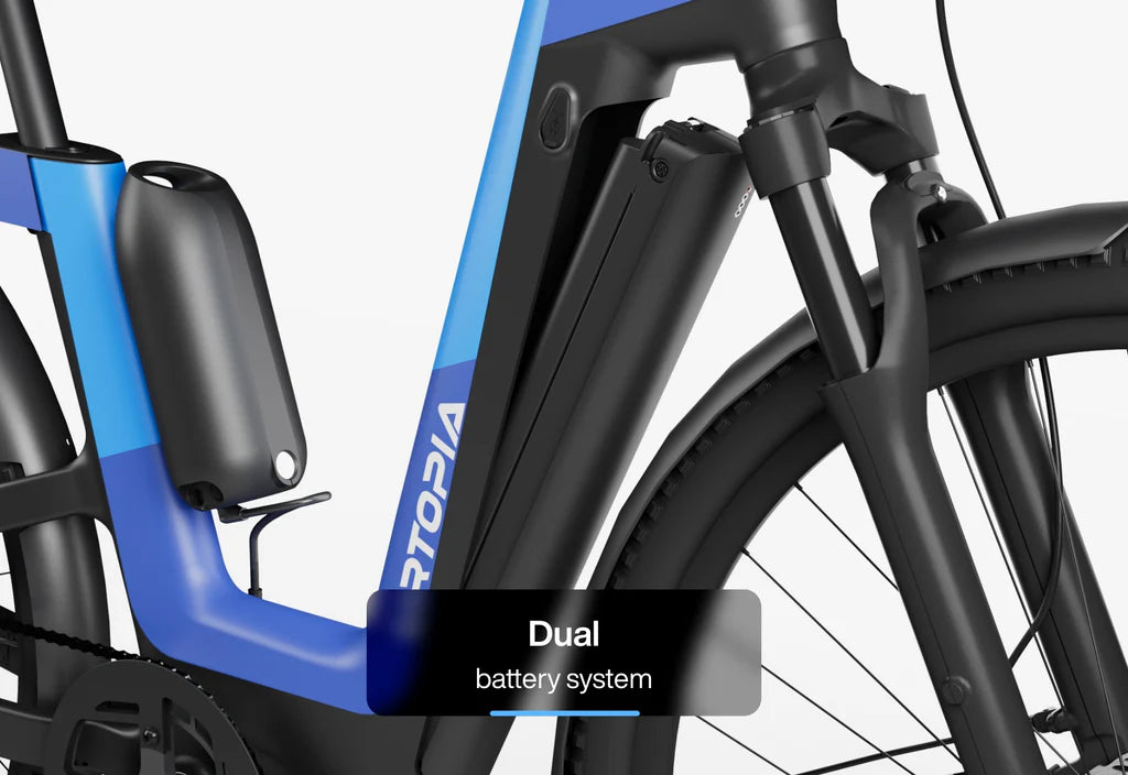 Urtopia Carbon Fusion Pro eBike in Deep Sea Blue, side view showcasing sleek carbon frame, integrated battery, and modern design features.