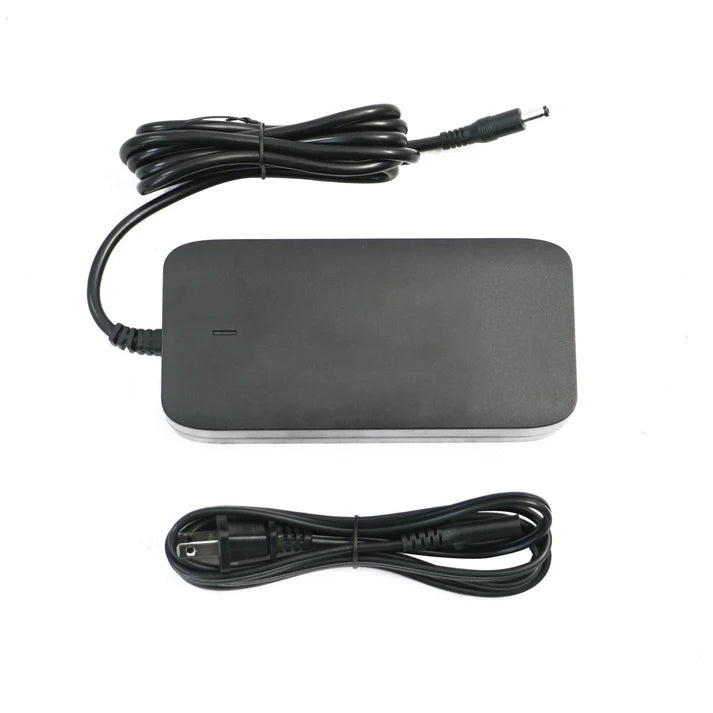Eunorau 48V 3A fast charger with black rectangular body, cooling vents, power indicator light, and attached power cables, displayed on a white background.