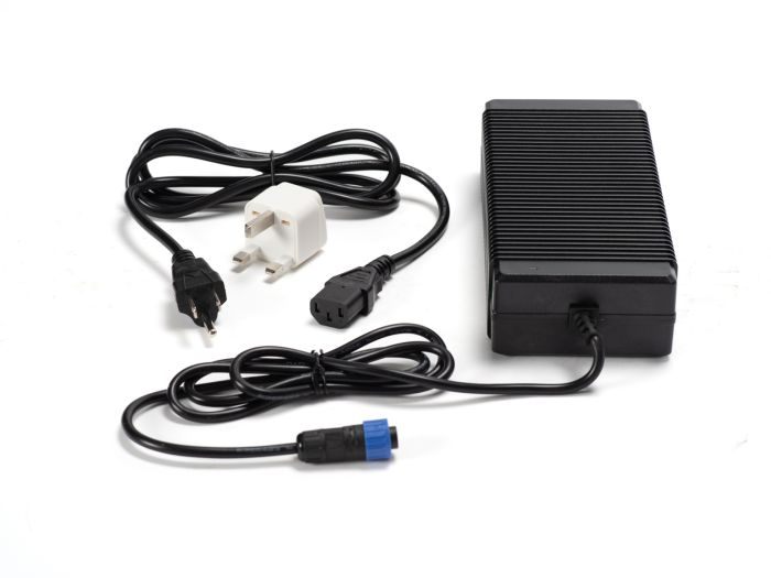Stomp Ebox stock charger, black rectangular device with attached power cord, shown on a white background.