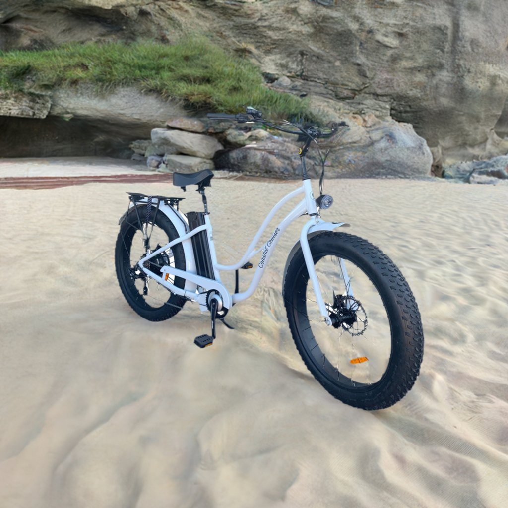 Coastal Cruiser 52v 26 Thru 750W Step Thru Ebike 26x4 Fat Tire Fat Tire Electric Beach Cruiser - Fat Tire eBike - COAST|FATT|WHITE|0001 eBike Super Shop