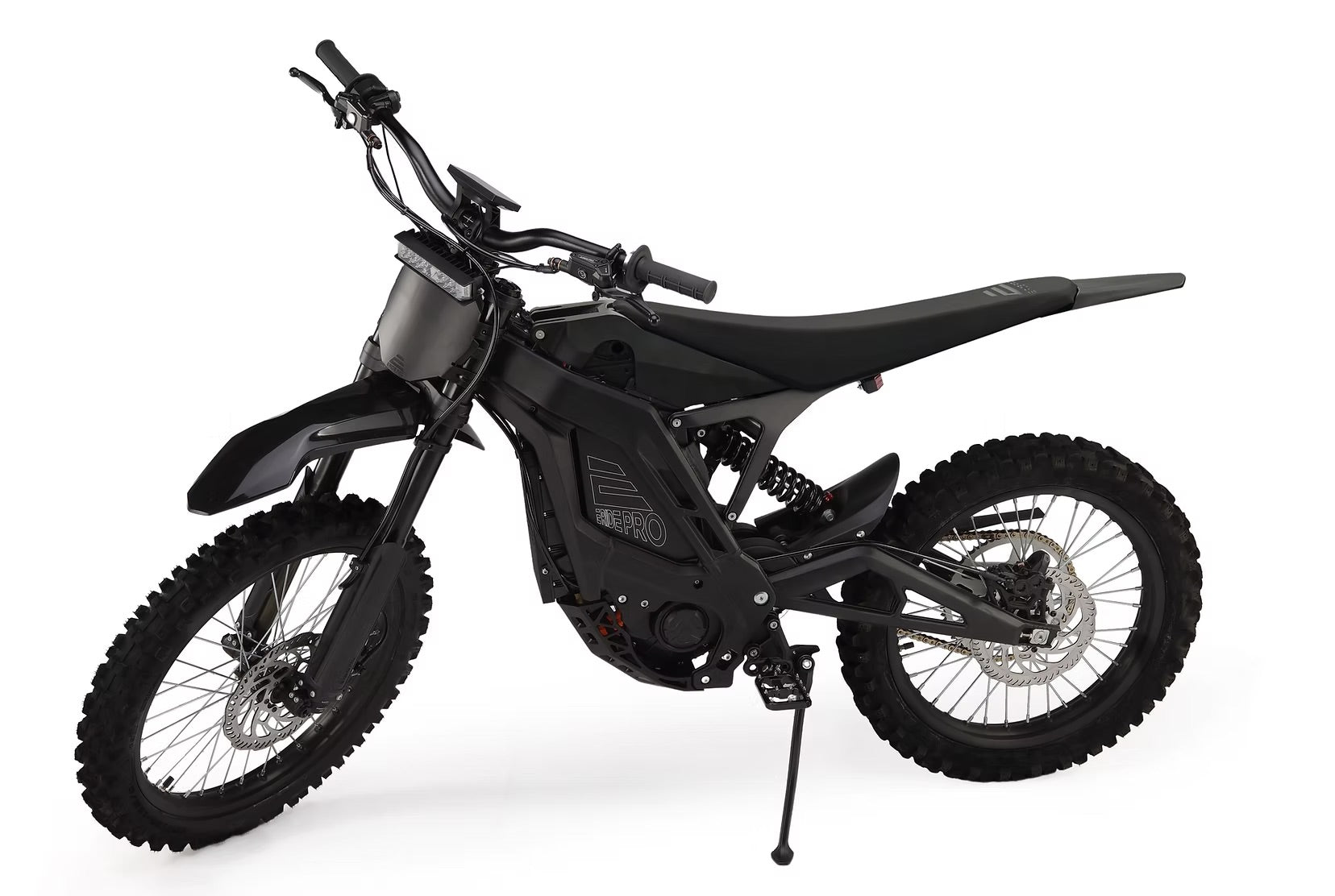 eMOTO eRide Pro SR electric dirt bike in black and red, featuring a 72v 3600WH battery, shown from a side angle on a white background