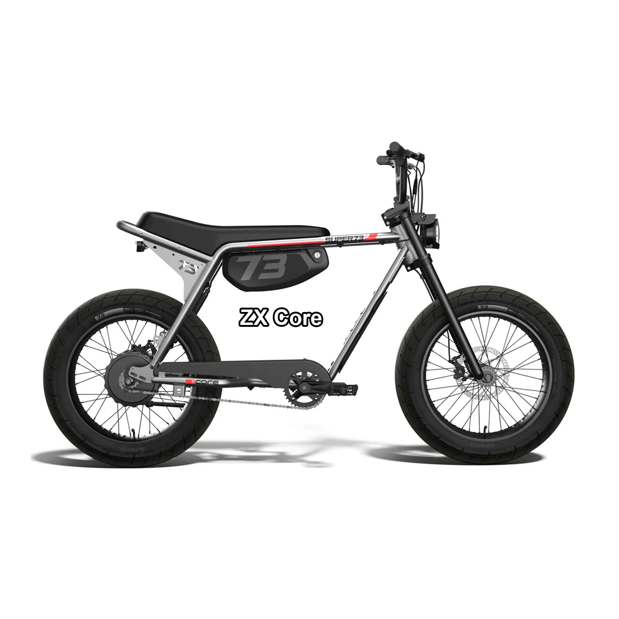 Super73 ZX Core eMOTO eBike in metallic aluminum color, shown in its original box, unopened and packaged.