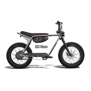 Super73 ZX Core eMOTO eBike in metallic aluminum color, shown in its original box, unopened and packaged.