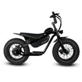 Black electric bicycle with a rugged frame, labeled "Strike Big Boy," featuring a black crackle finish, thick tires, and a sturdy rear rack.
