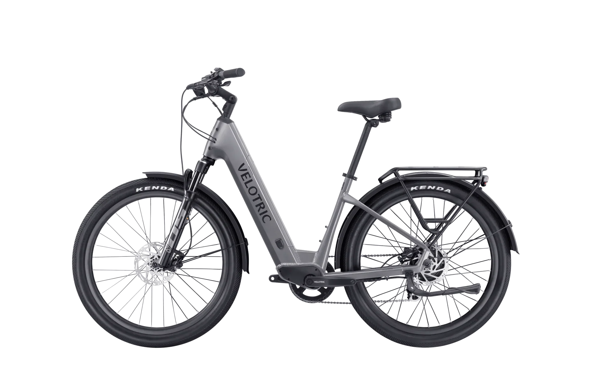 Side view of the Velotric Discover 2 eBike in a matte blue finish, showcasing its step-through frame, integrated battery, and rear cargo rack against a plain white background.