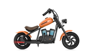 Orange eMOTO Hyper Gogo Challenger 12 Plus electric bike without training wheels, side view on white background