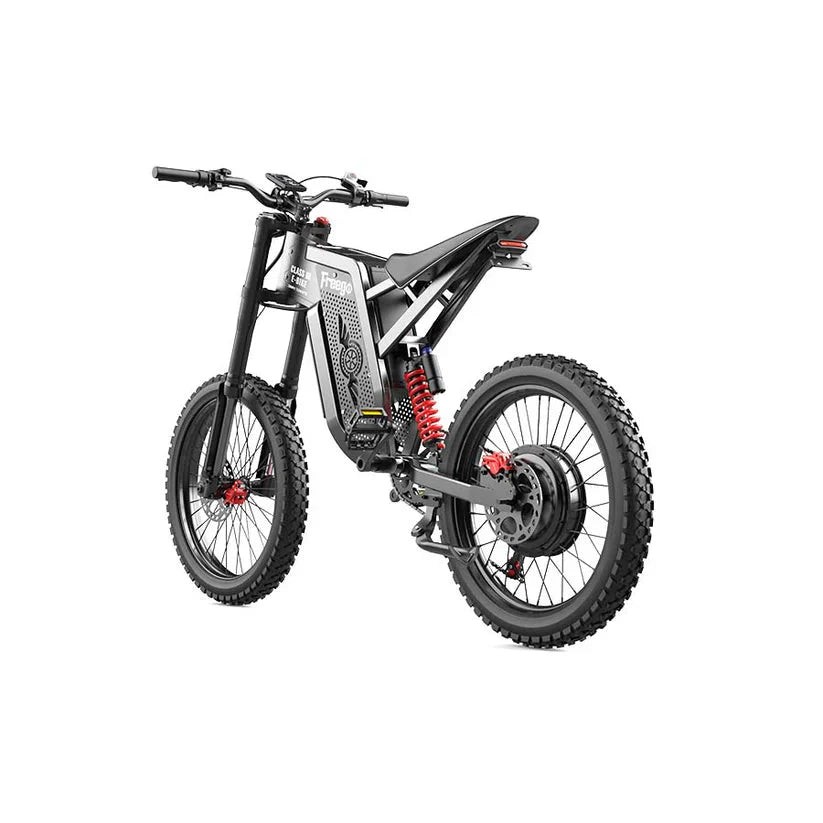 Side view of the eMOTO FREEGO X2 Pro Offroad Electric e-Moto Style eBike-Moto 3000W, showcasing its rugged tires, sturdy frame, and sporty design against a plain background.