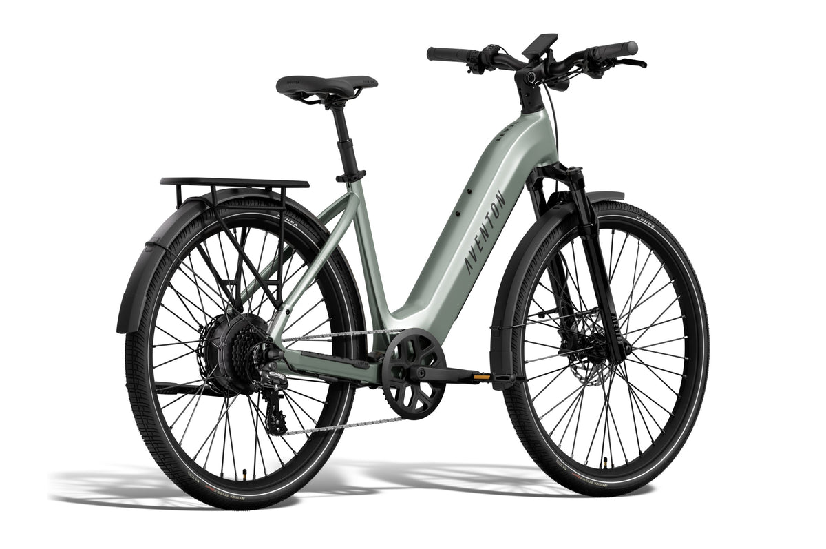 Aventon Level 4 REC Step-Thru electric bike in Glacier Mint color, side view, showcasing frame design and integrated battery