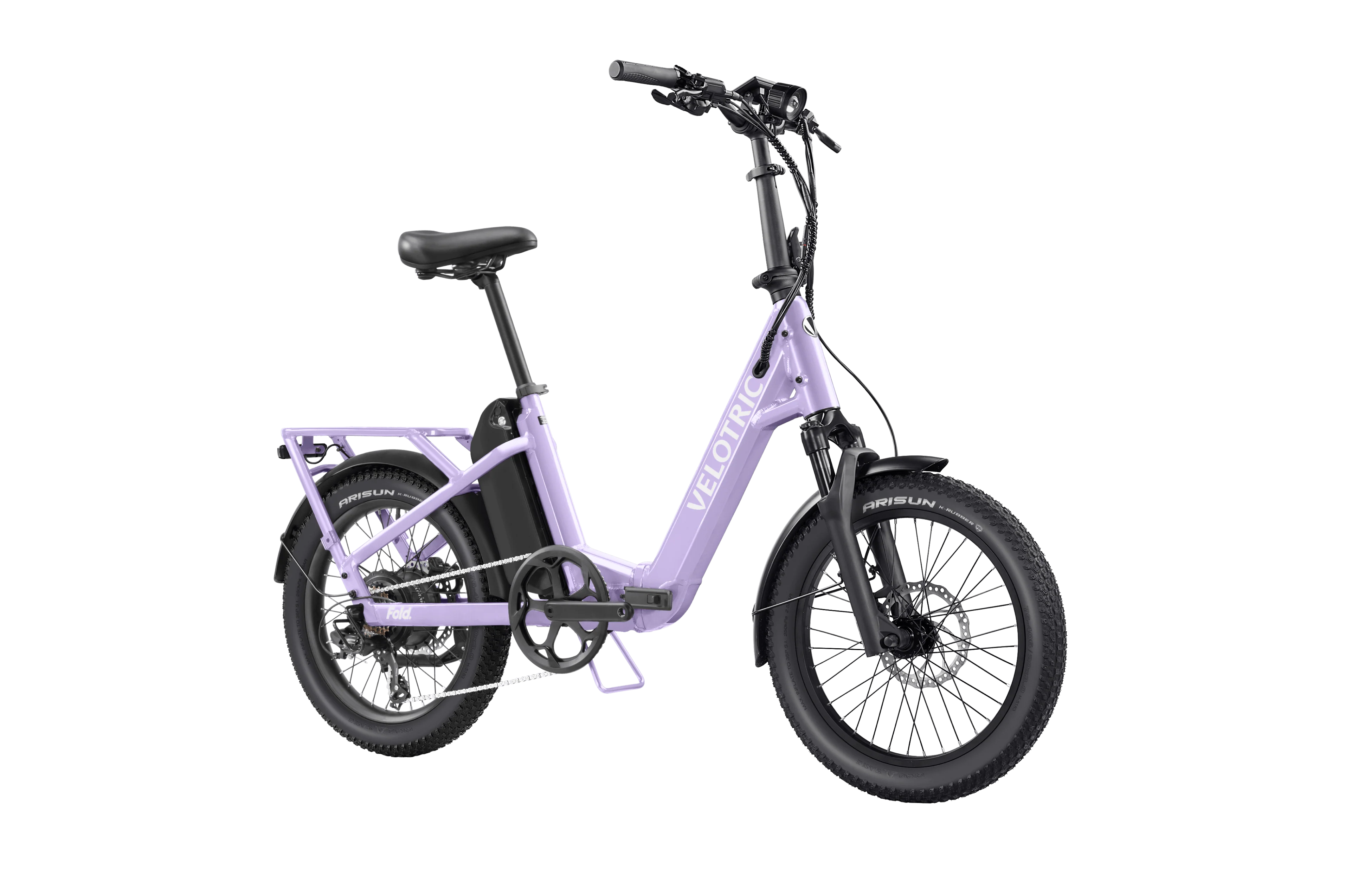 Velotric Fold 1 Plus eBike in Violet Haze color, shown folded for compact storage