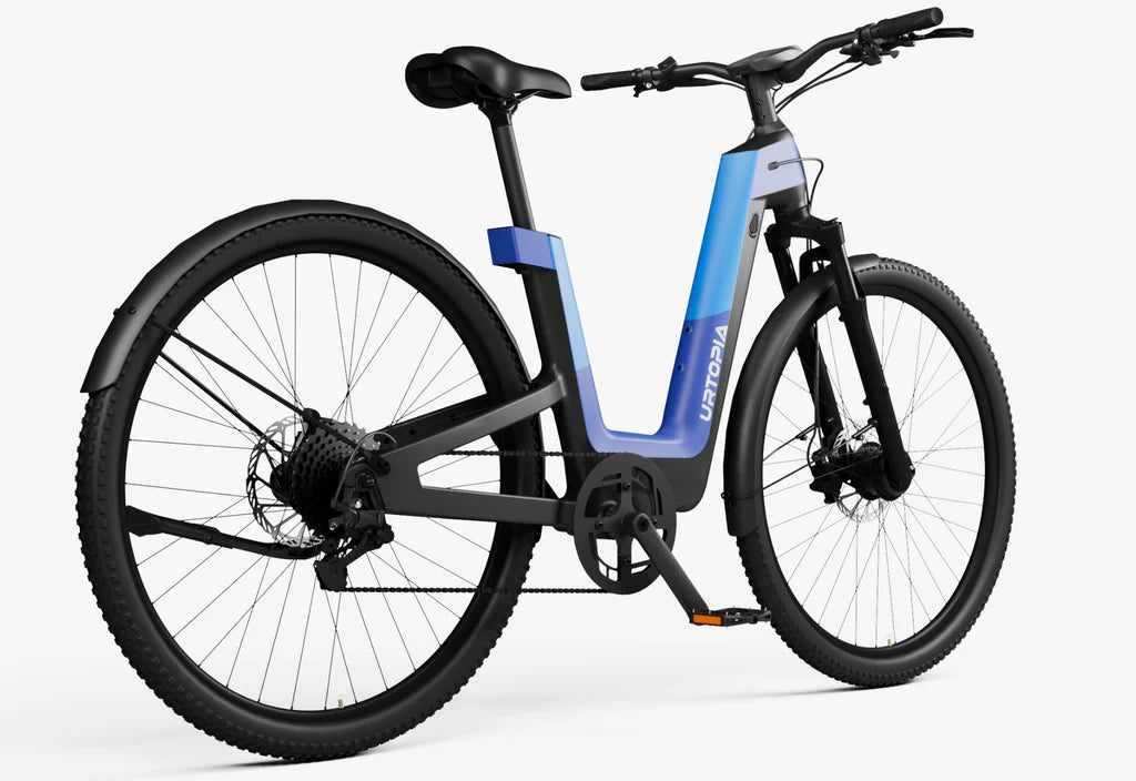 Side view of the Urtopia Fusion GT eBike in Deep Sea Blue, showcasing its sleek frame, integrated battery, and modern design against a plain background.