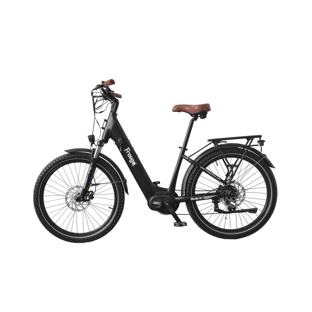 Side view of the Freego City Flow A1 eBike in black, showing its step-through frame, rear rack, and front basket against a plain background.