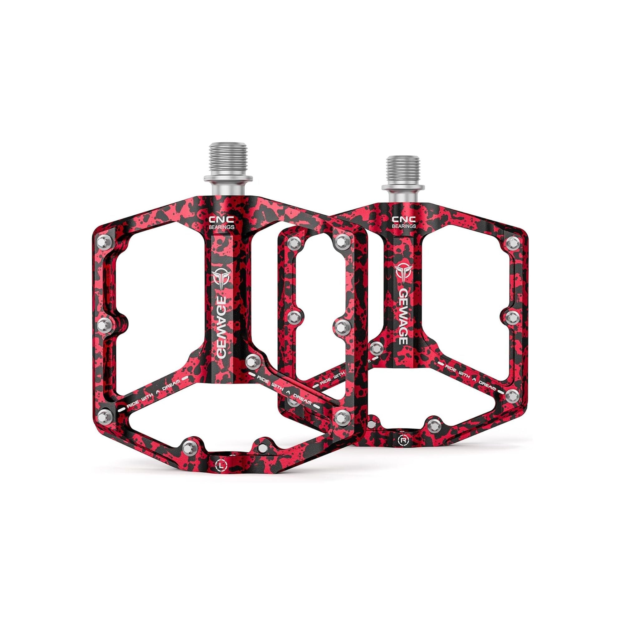 Red camouflage alloy eBike pedals with a textured surface and durable construction, shown in a product image.