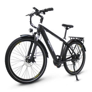 JUPITER Electric Town eBike Tempo-Step Over, 350W electric road bike, side view, black frame, upright handlebars, city background