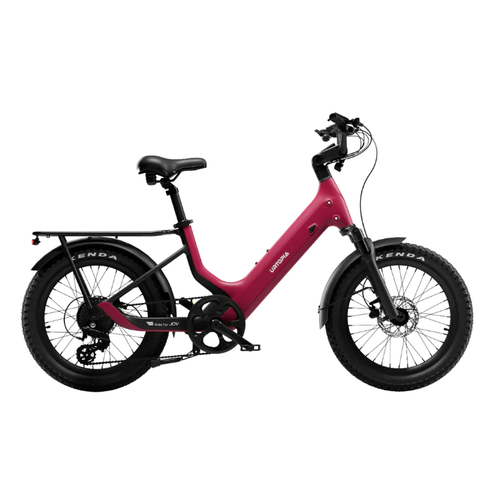 Urtopia Carbon Joy eBike in Rose Red, side view, showcasing lightweight carbon frame and modern design
