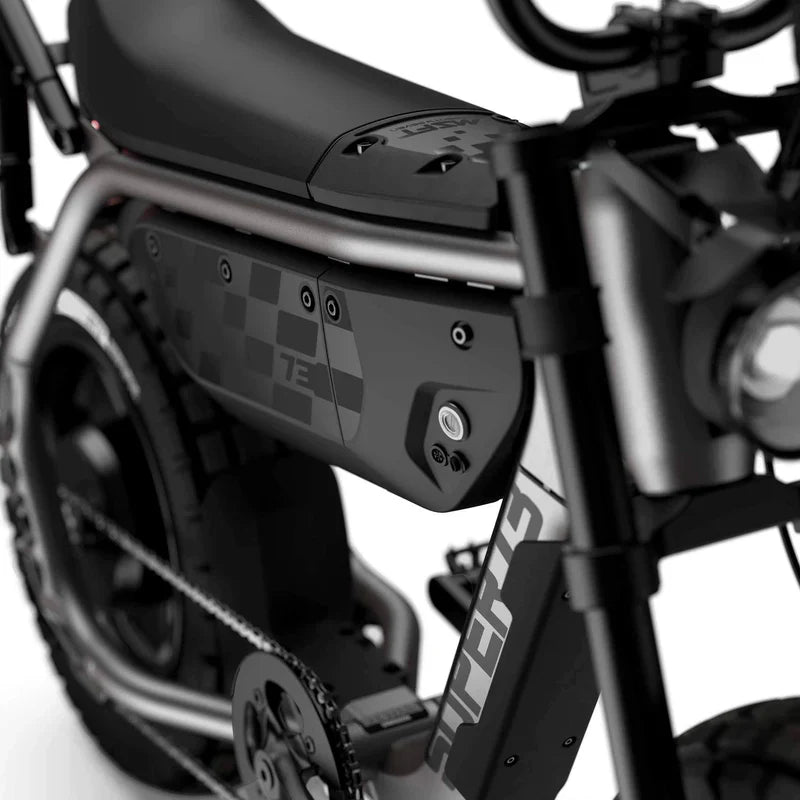 Side view of the Super73 MZFT eMOTO eBike in a showroom, highlighting its rugged frame, thick tires, and minimalist design.