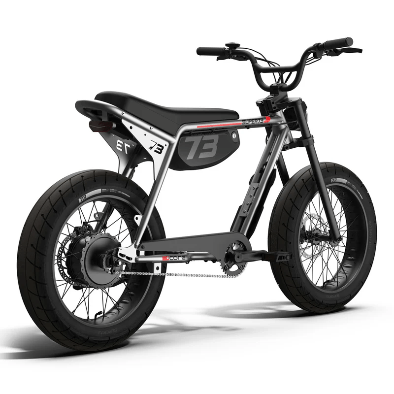 Side view of the eMOTO eBike Super73 ZX Core in a showroom, highlighting its sturdy frame, thick tires, and minimalist design.