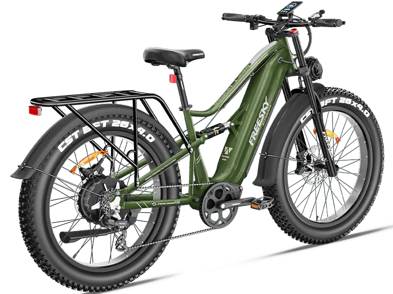 Side view of the Freesky Swift Horse Pro X-6E eBike in black, showing its fat tires, front suspension fork, and battery integrated into the frame.