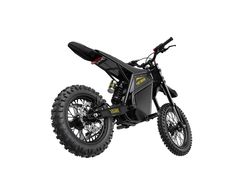 Heybike Villain electric bike in Midnight Black, side view, rugged frame, thick tires, outdoor background