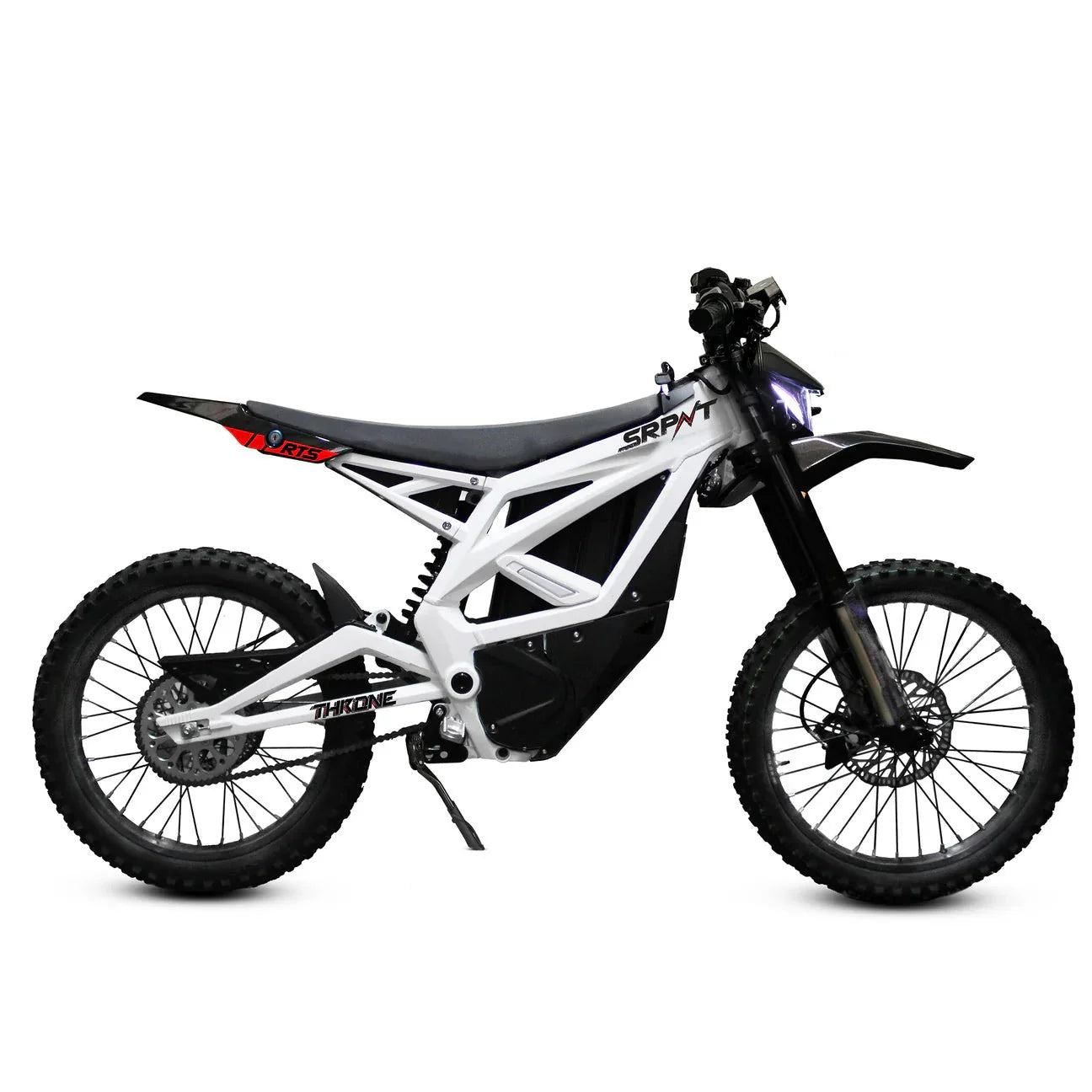 Electric dirt bike, eMOTO THRONE CYCLES THRONE SRPNT 10000W Moto eBike, off-road model with rugged tires, shown in product image.