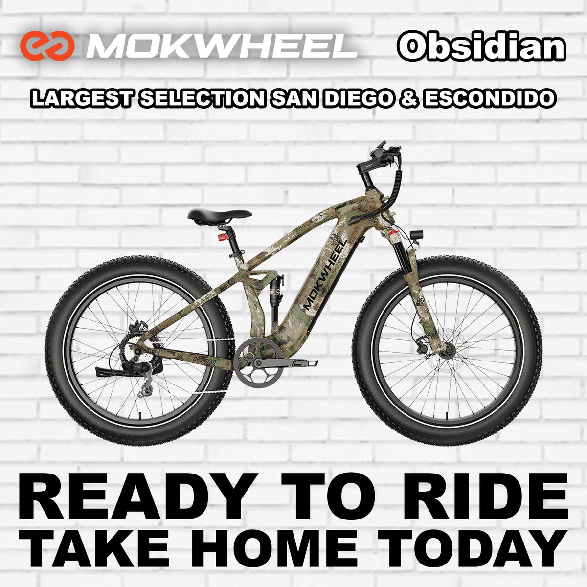 Mokwheel Obsidian eBike in Jungle Camo color, side view, displayed outdoors