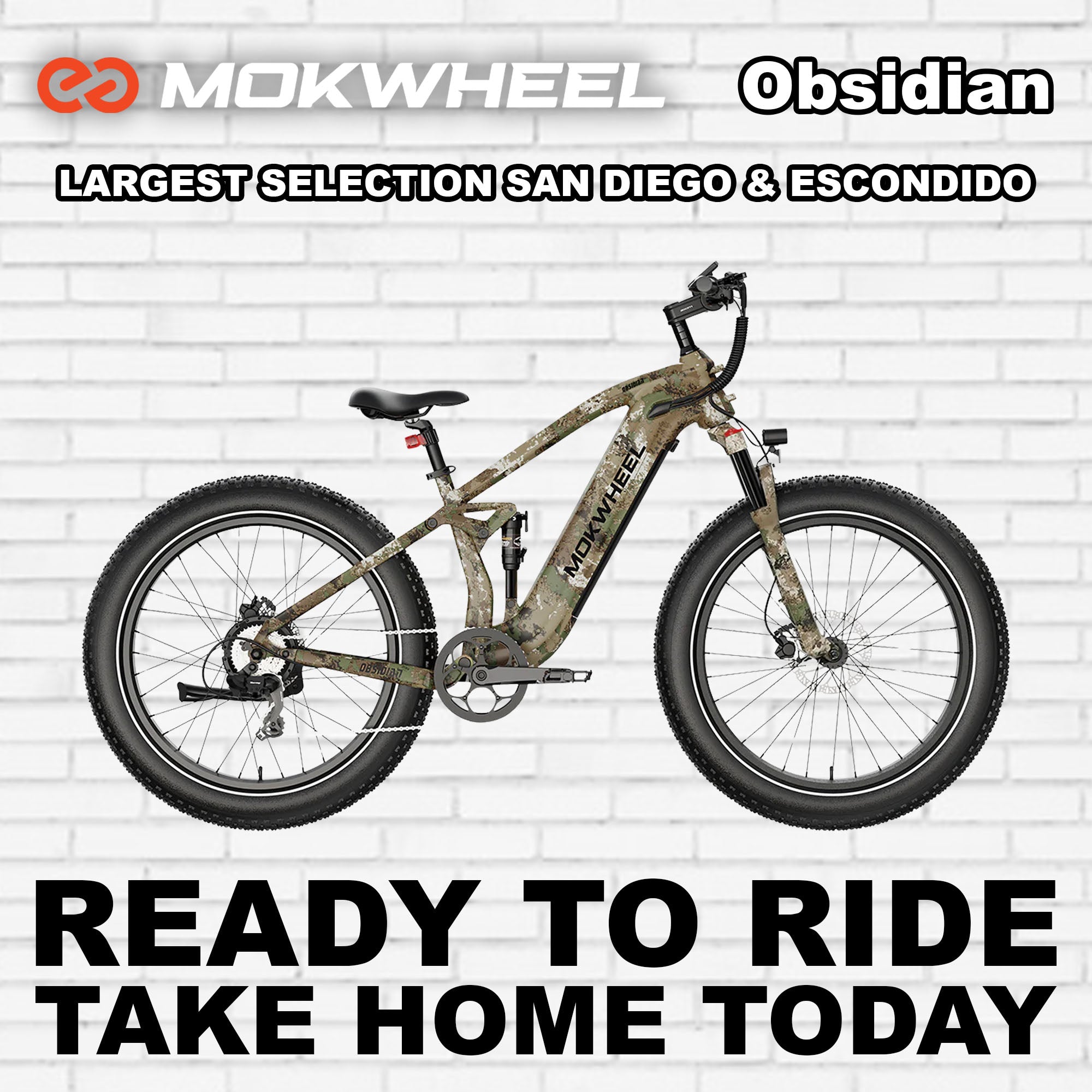 Mokwheel Obsidian eBike in Jungle Camo color, side view, displayed outdoors