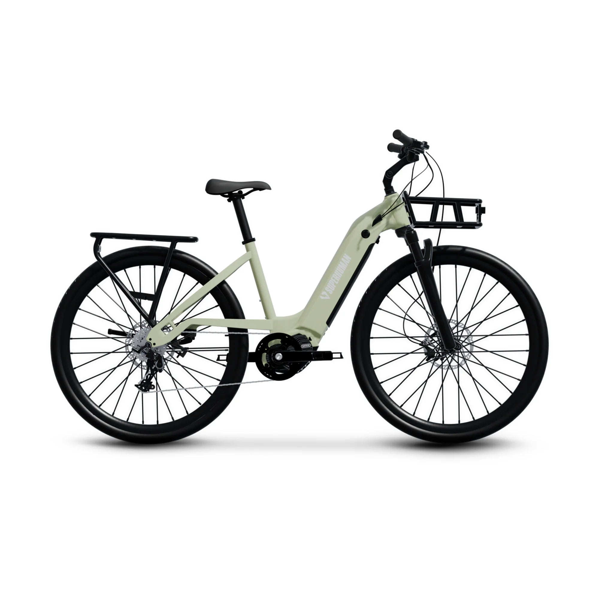 Mint green eBike Superhuman Moonrider, side view, showcasing sleek frame and modern design
