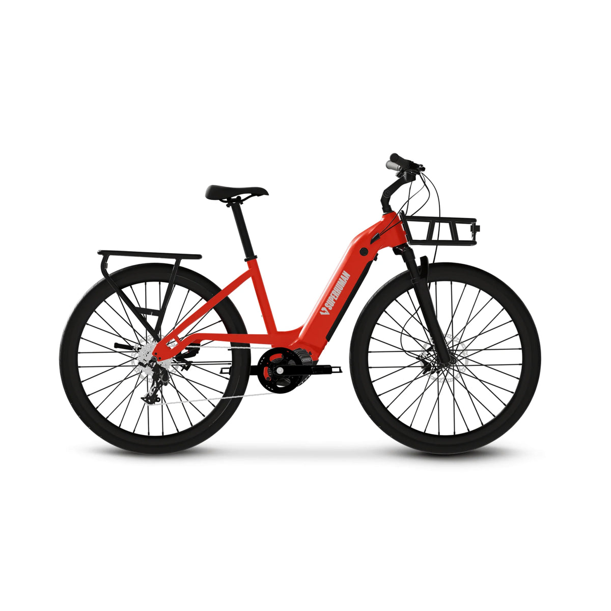 Red eBike Superhuman Moonrider model R2R, side view, sleek design, black accents, modern electric bicycle