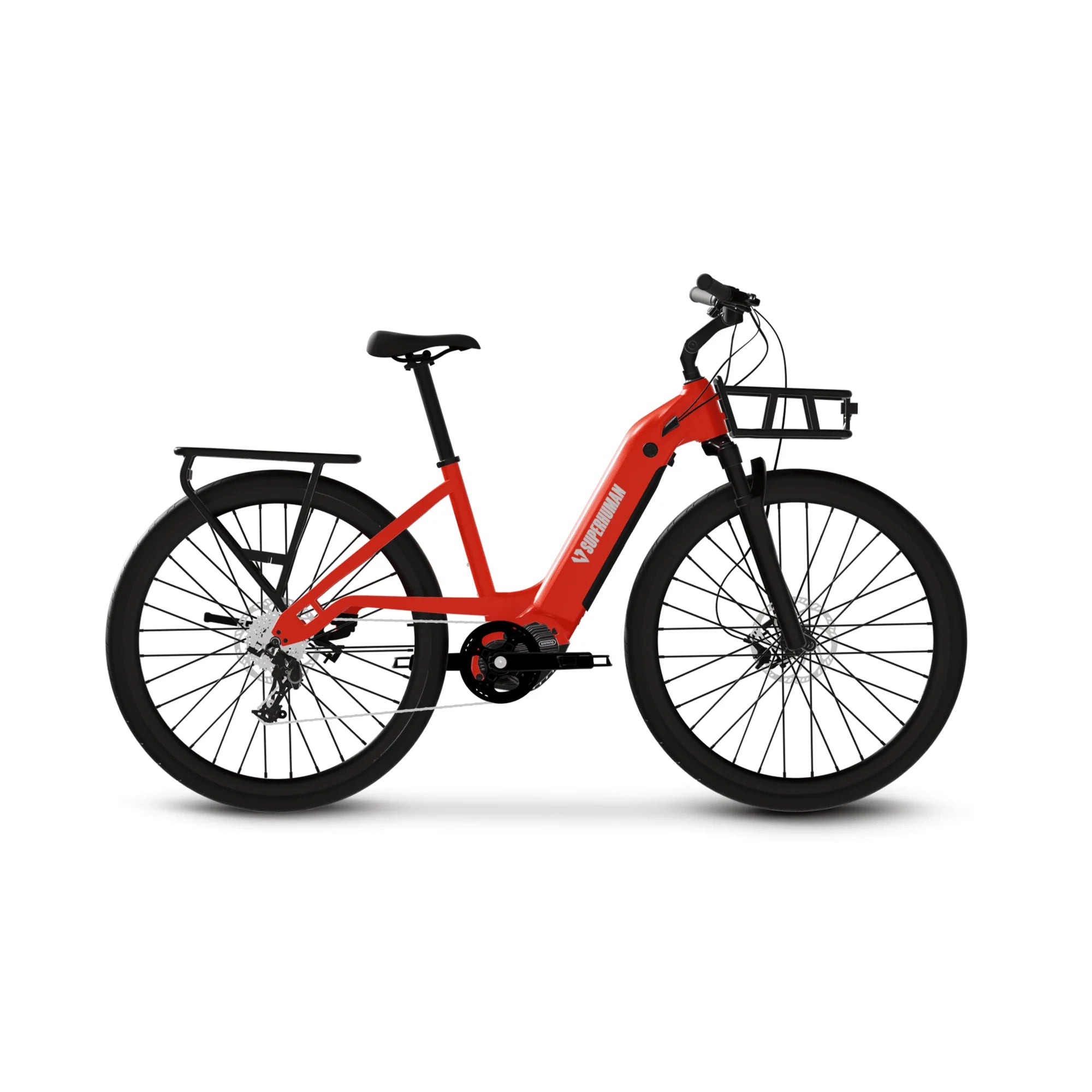 Red eBike Superhuman Moonrider model R2R, side view, sleek design, black accents, modern electric bicycle