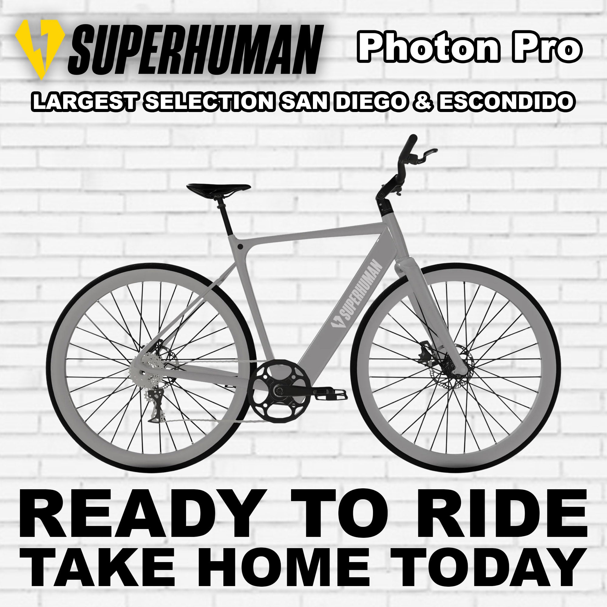 A sleek e-bike, the Superhuman Photon Pro, in Liquid Titanium color, shown from a side angle highlighting its modern frame, integrated battery, and advanced components.