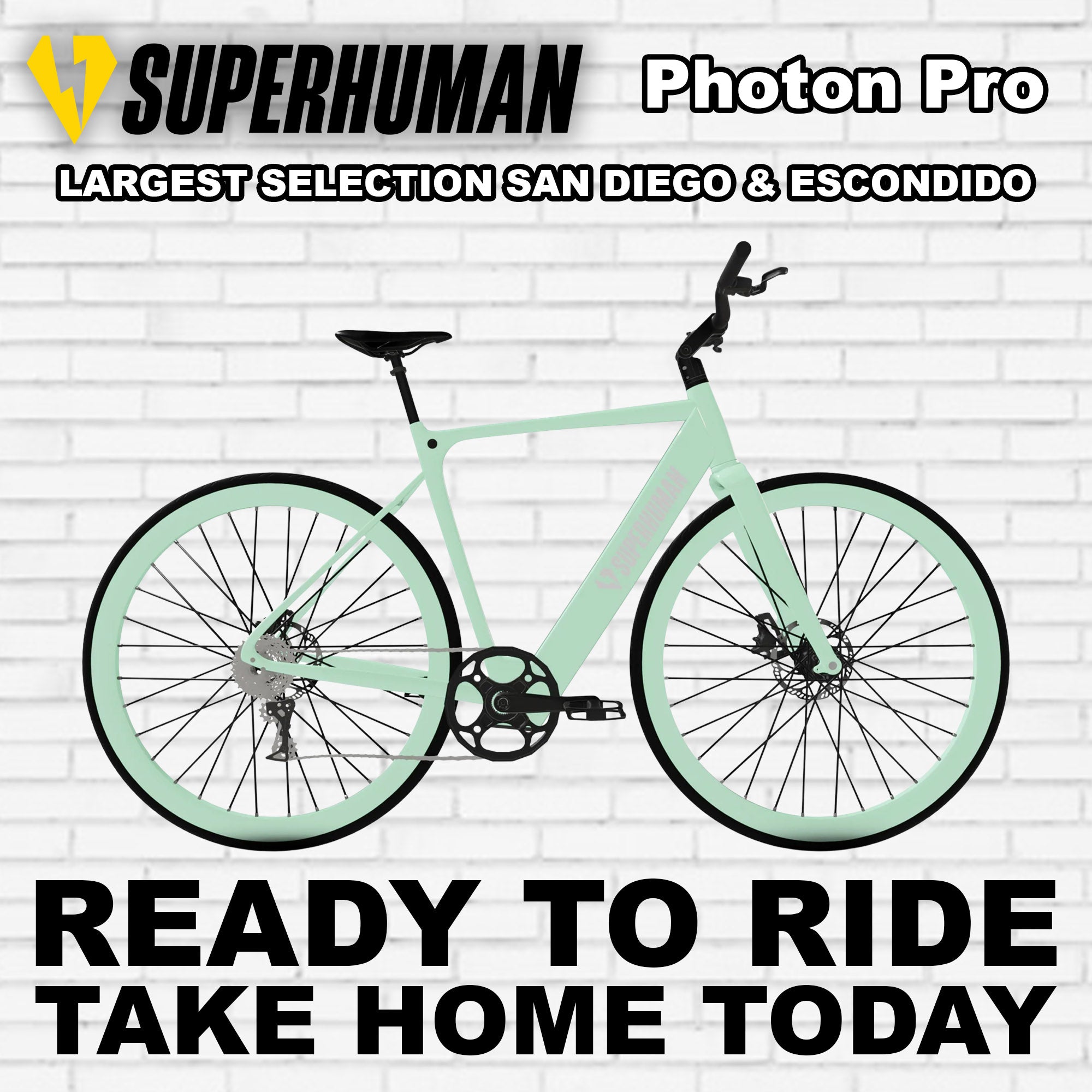 Mint green eBike Superhuman Photon Pro electric bicycle, side view, against a white background