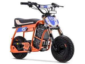 Side view of the eMOTO Stomp Ebox Dragster RS electric dirt bike, showcasing its rugged tires, black and red frame, and sporty design against a plain background.