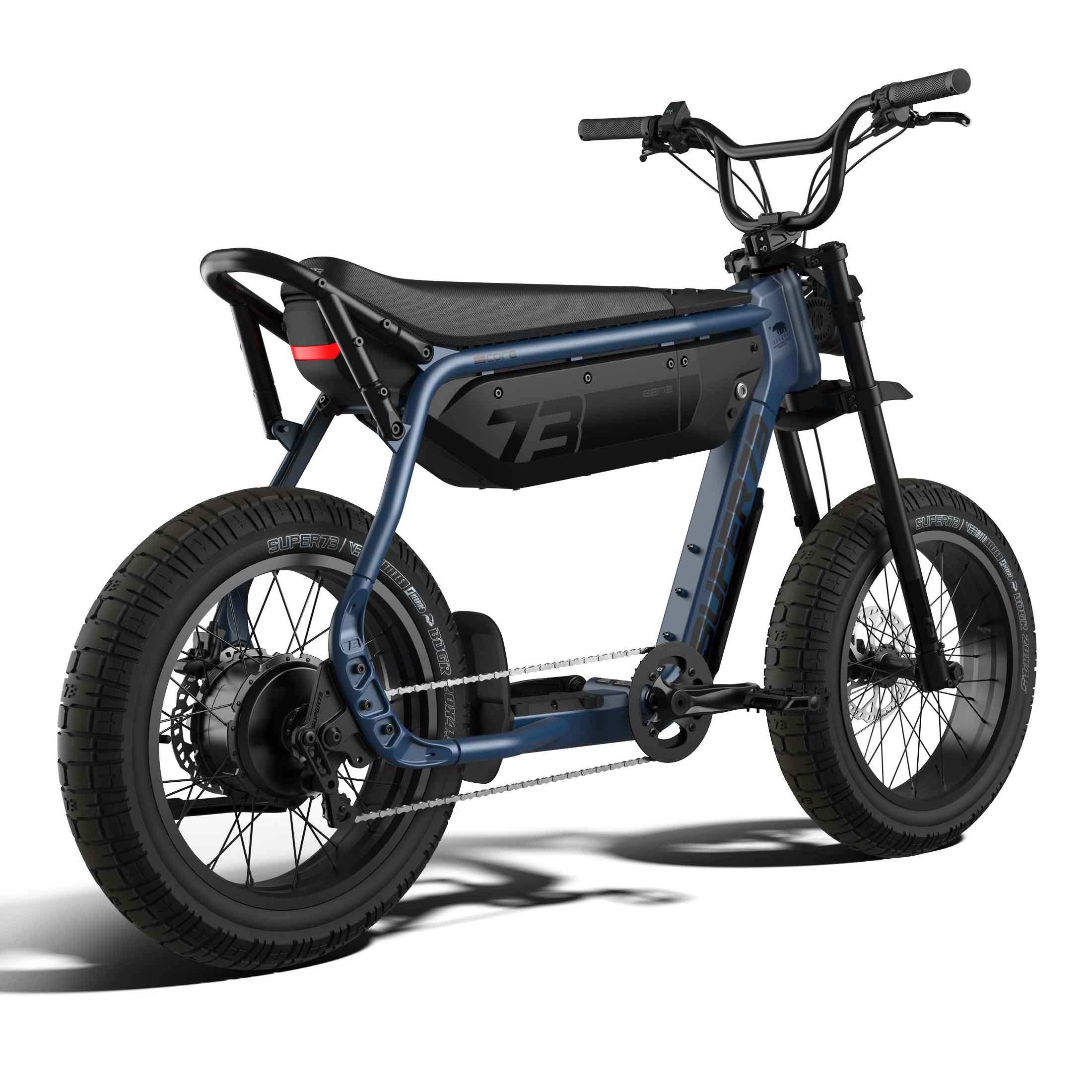Super73 B1G eMOTO eBike in store, side view, black frame, thick tires, displayed for pickup