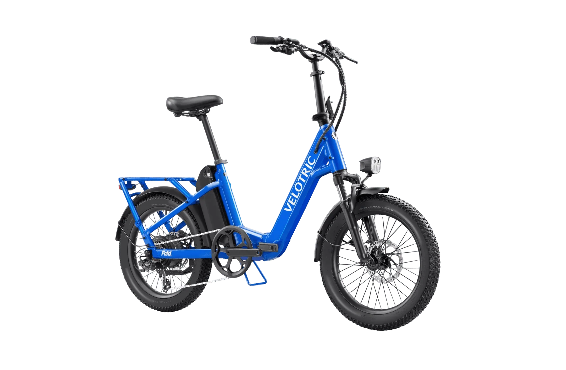 A compact, foldable Velotric Fold 1 eBike in matte black, shown in a side profile with its frame folded, highlighting its portability and modern design.
