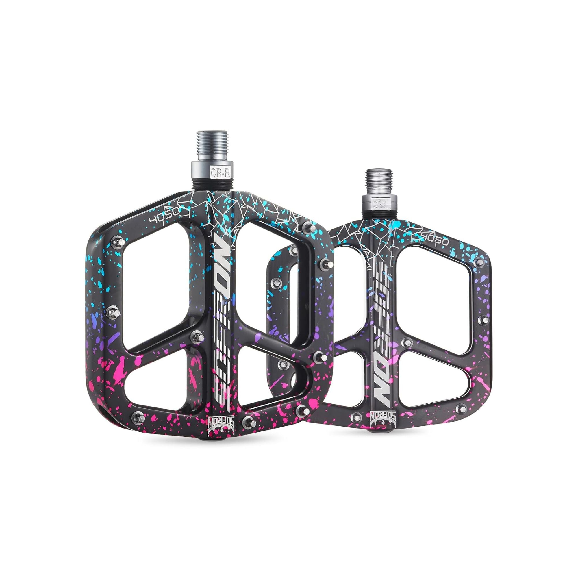 Alloy eBike pedals in a rainbow camouflage pattern, side view on a white background