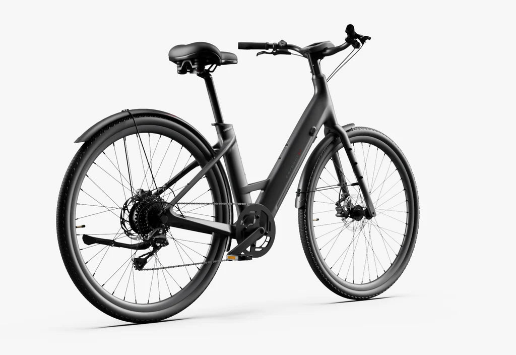 Urtopia Carbon 1 Step Thru eBike in matte black, side view highlighting the step-through frame and sleek design