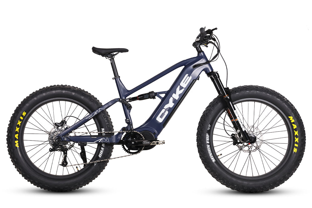 Dark blue eBike Cyke Falcon X electric bicycle, side view, on a plain background